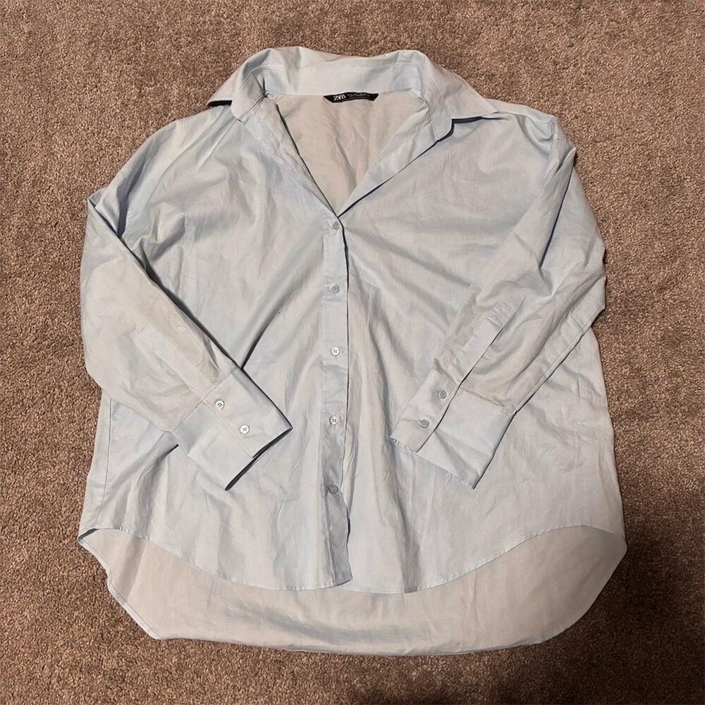 Zara Button-Up Shirt Womens L Light Blue Oversized Collared Long Sleeve